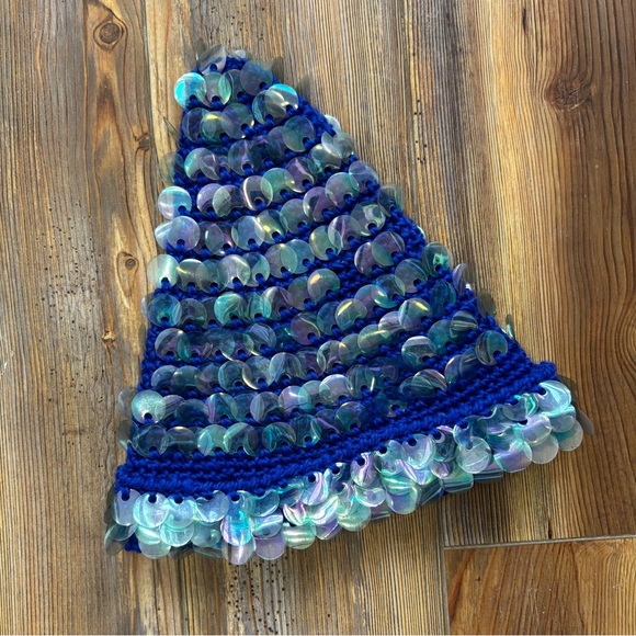 Vintage 60s Pailettes Sequin Crochet Wool Pixie Cap Hat - Picture 3 of 8